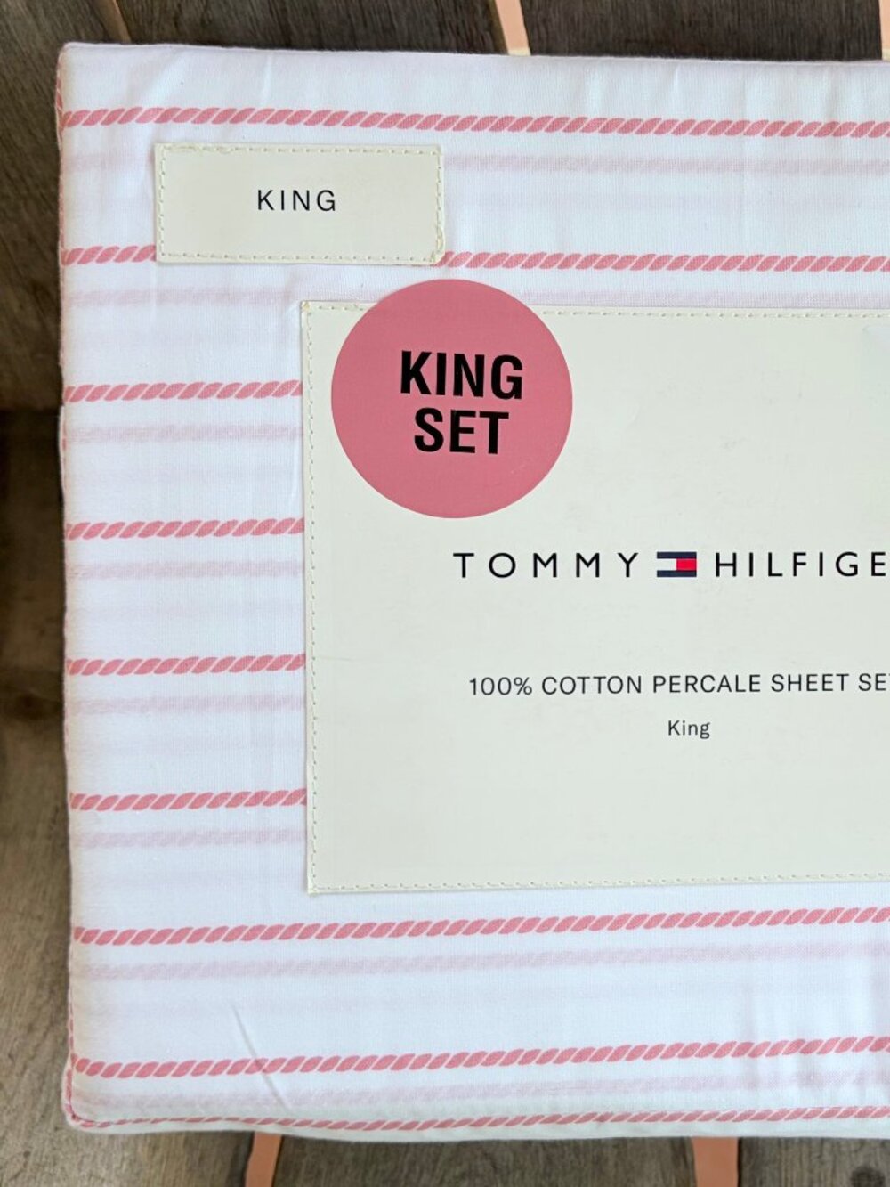 Tommy Hilfiger King Size Rope Stripe Pink Crisp Cotton Percale Sheet Set